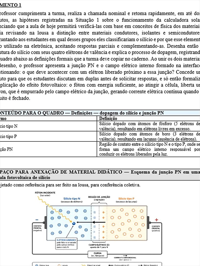 Página de sequência didática de Física: quadro de definições sobre dopagem do silício e esquema da junção PN em uma célula fotovoltaica.