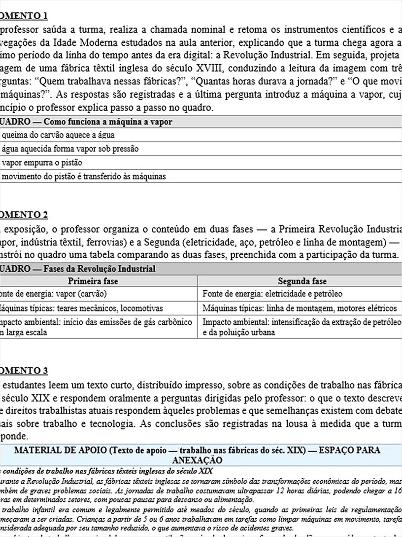 Página de sequência didática de História: quadros sobre a máquina a vapor e as fases da Revolução Industrial, com texto de apoio sobre o trabalho nas fábricas do século XIX.